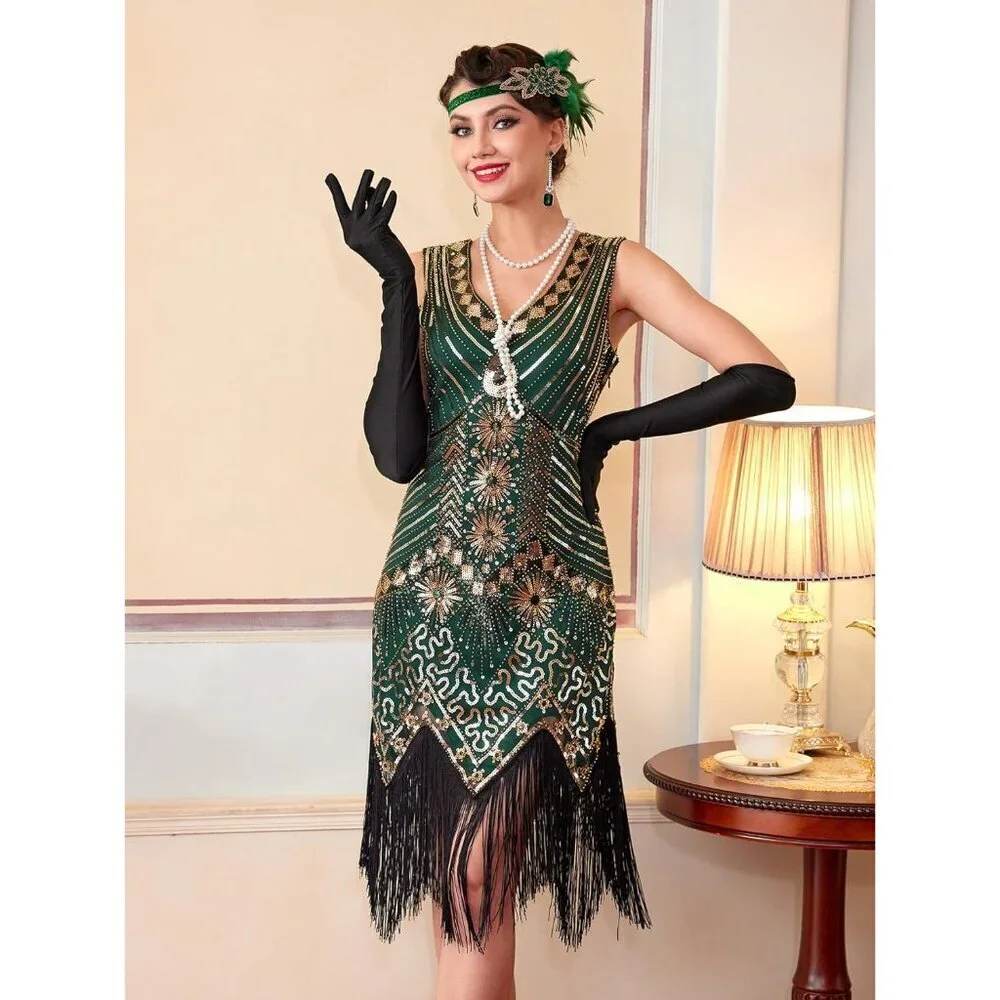 Women Flapper Dress 1920s Sequin Fringe Gatsby Costume Accessories Set - Picture 5 of 7